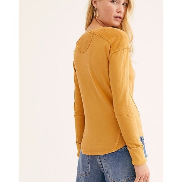 Free People We the Free Military Mix Mustard Yellow Henley Top - Picture 4 of 10